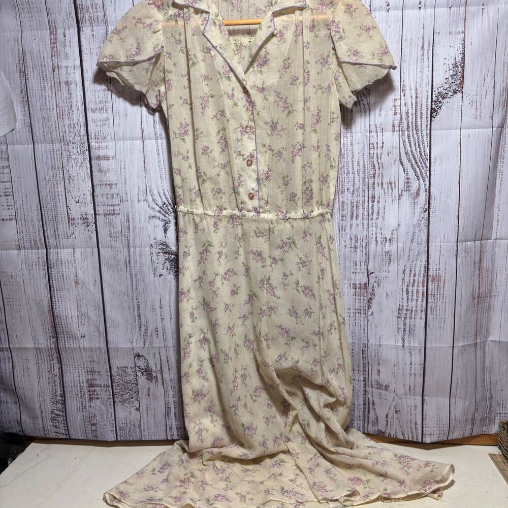 Vintage ABKA Floral Sheer Prairie Maxi Dress Purple Piping Cottagecore XS
